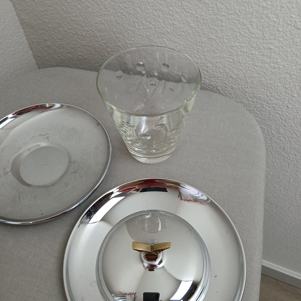 Kromex Serving Set 4" polka dot glass, lid, & 2 silver chrome plates VTG 50s MCM - Picture 2 of 16
